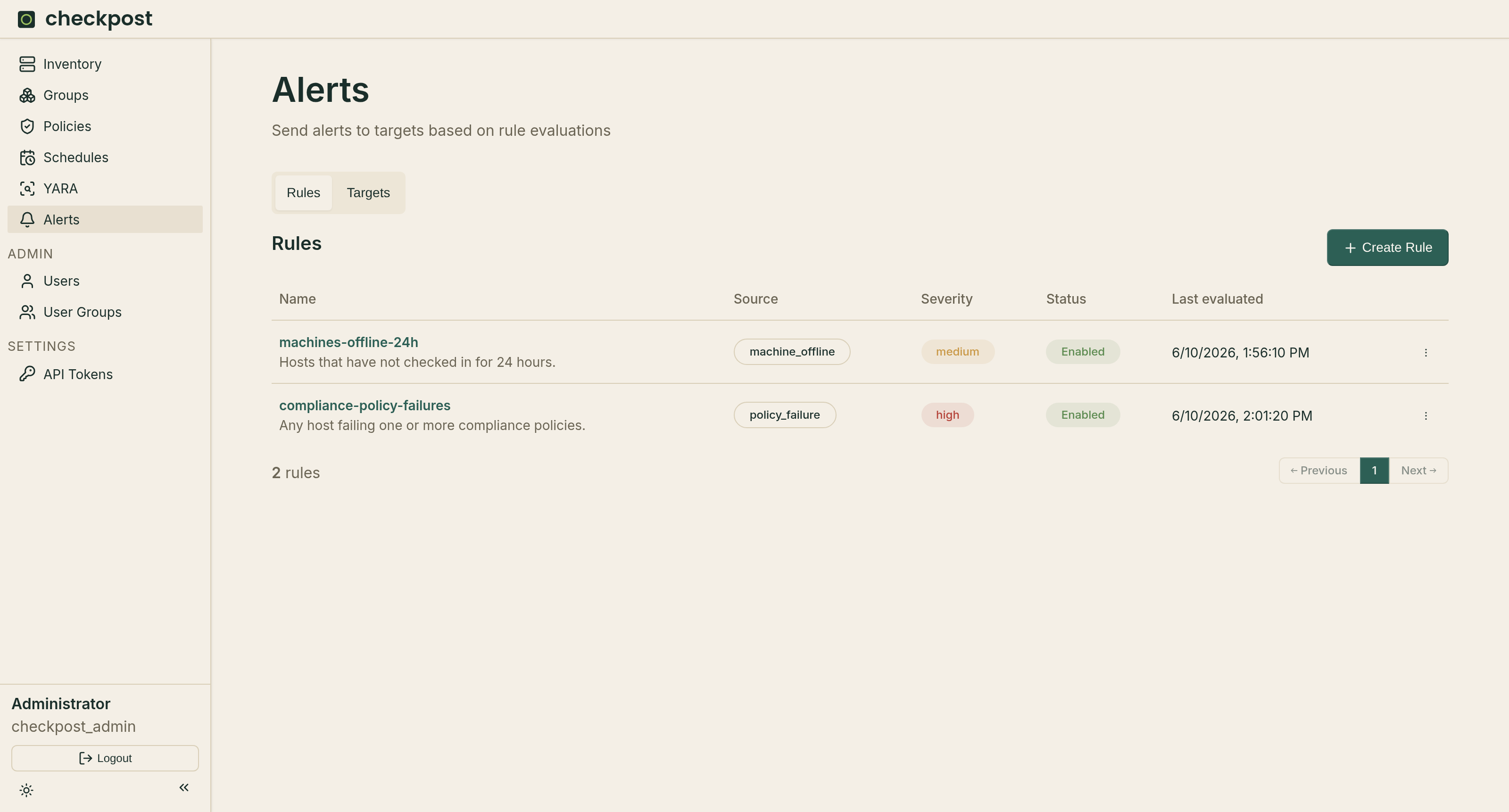 Checkpost alert rules with severity and delivery targets
