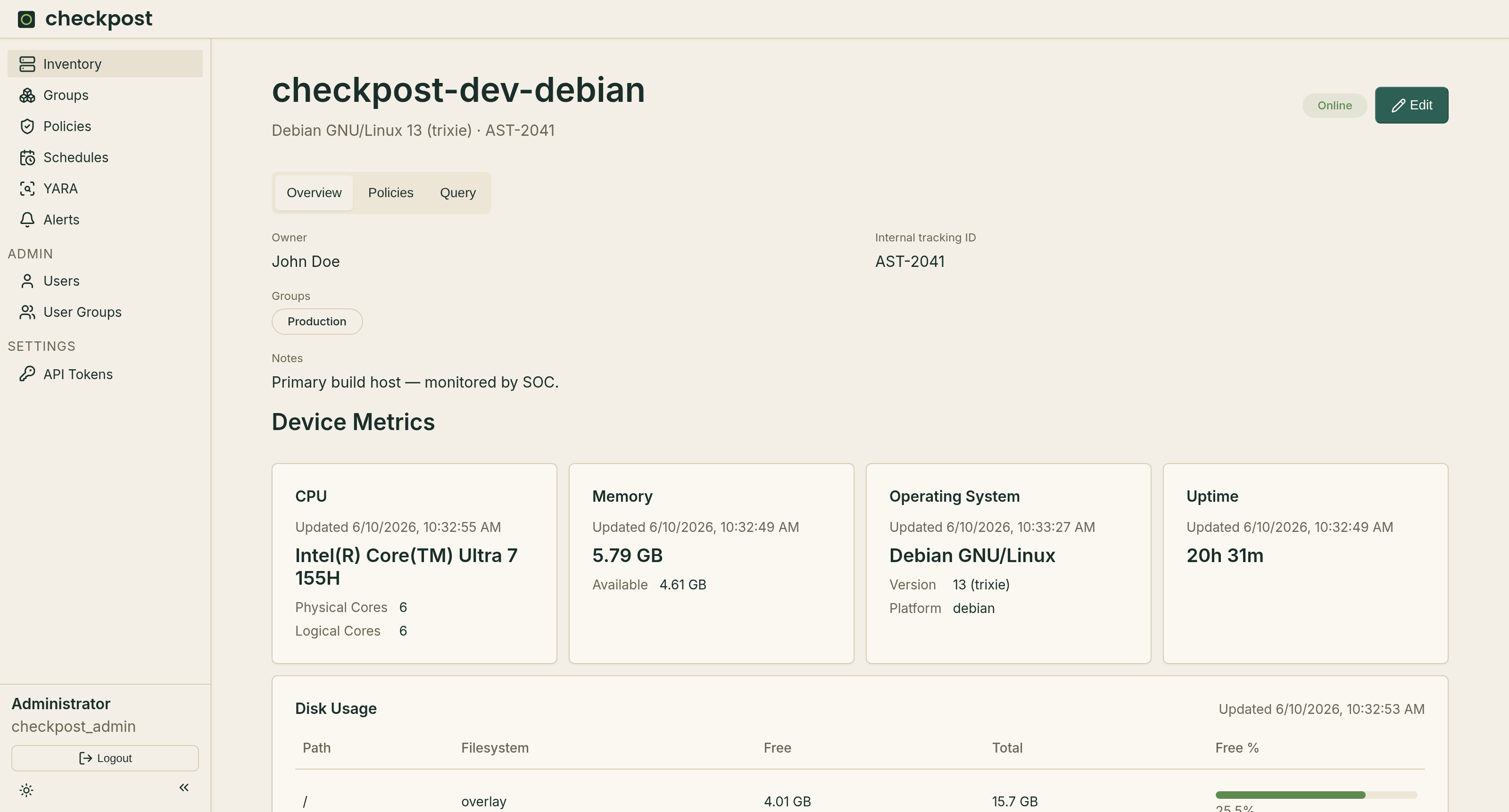 Checkpost host detail page showing owner, group, and live device metrics