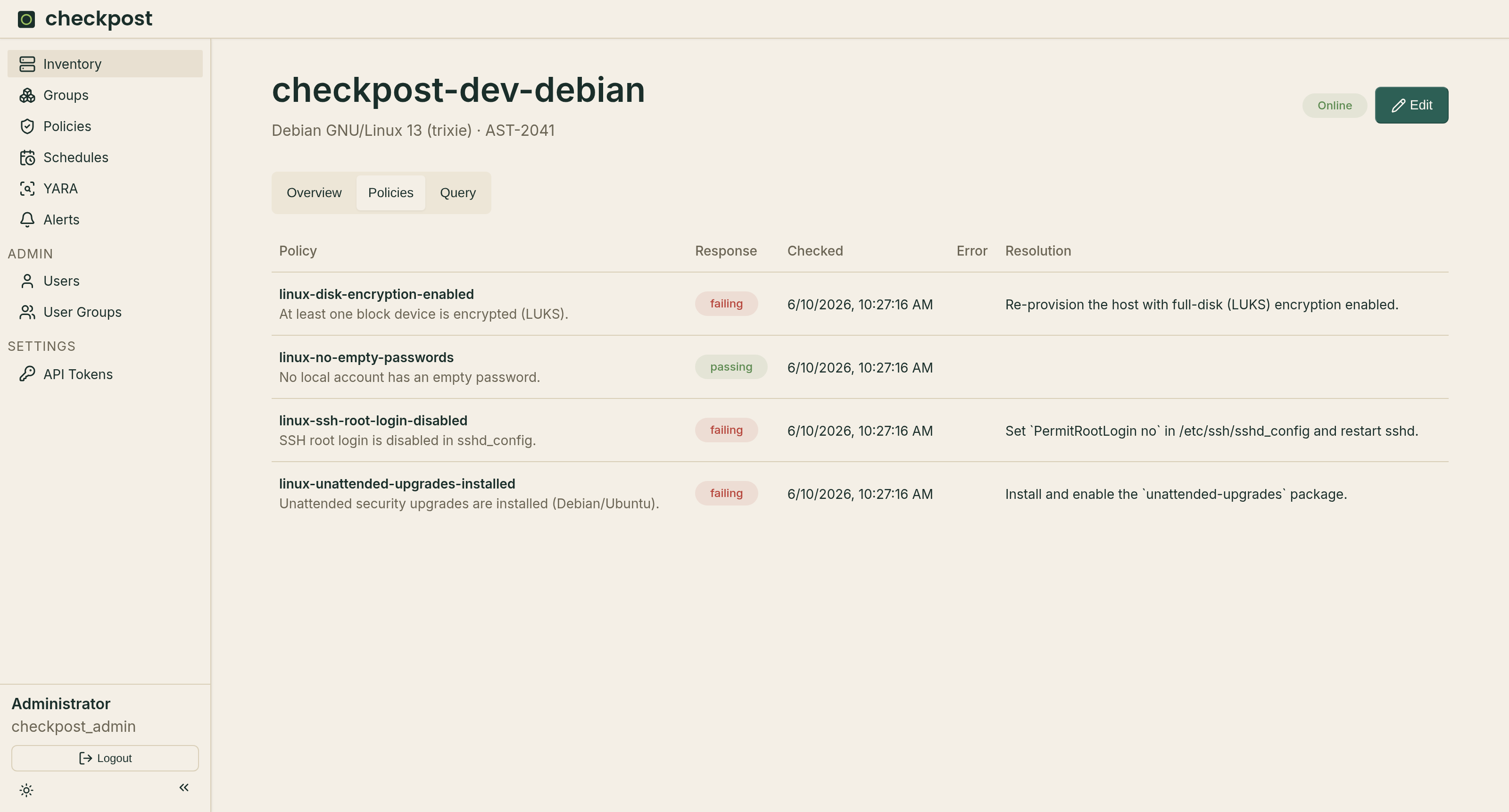 Checkpost host policy results showing passing and failing posture checks for one machine