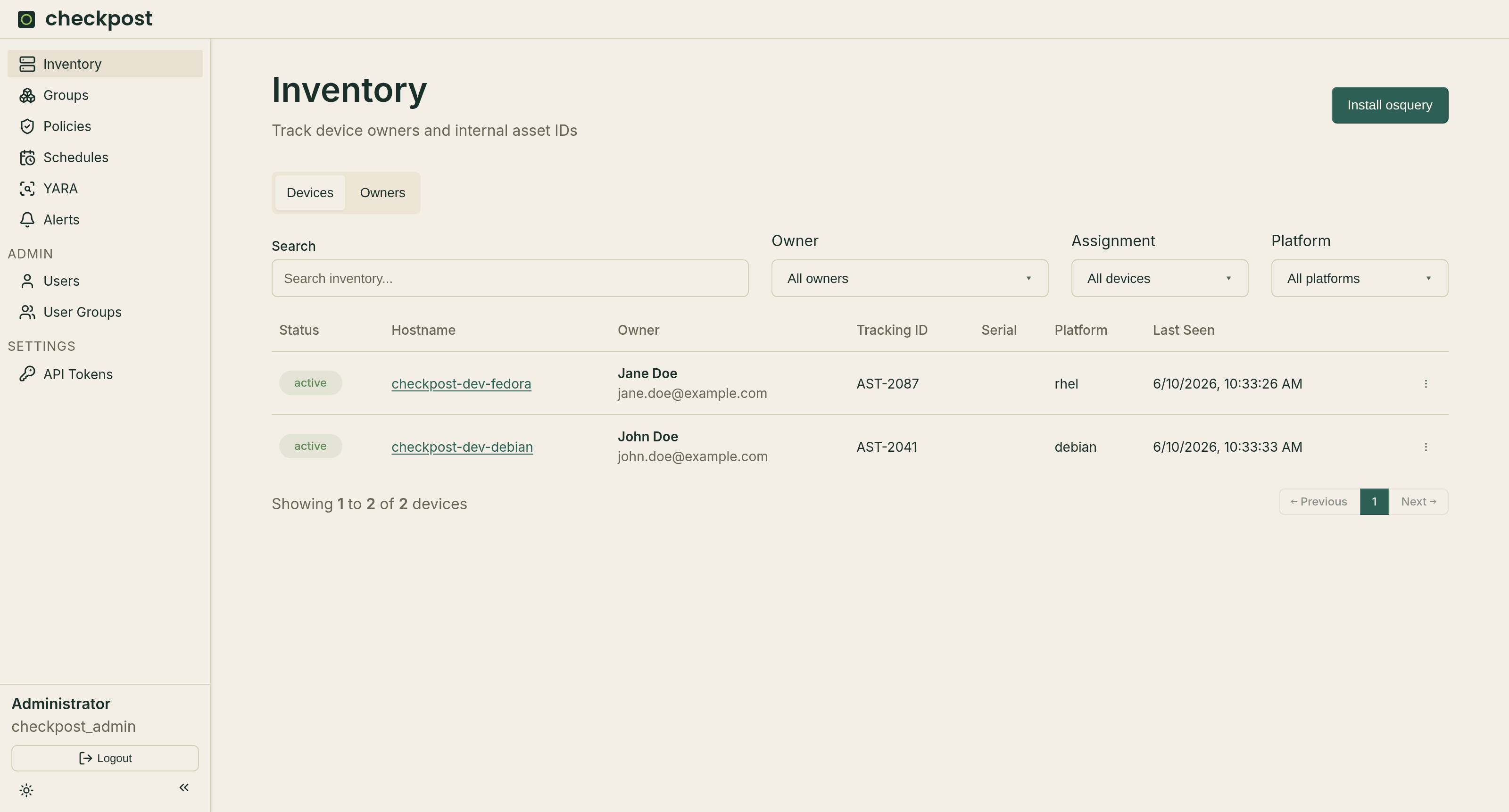 Checkpost inventory listing enrolled hosts with status, owner, and platform