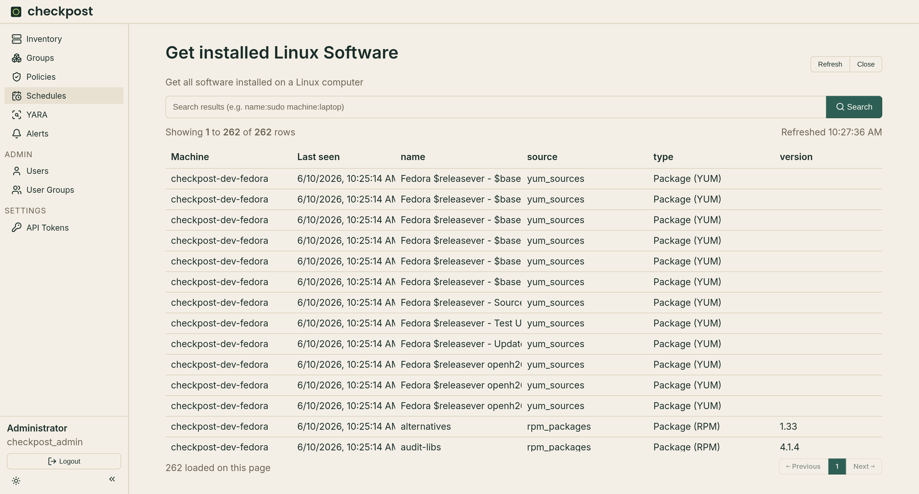 Checkpost scheduled query results showing collected Linux package inventory
