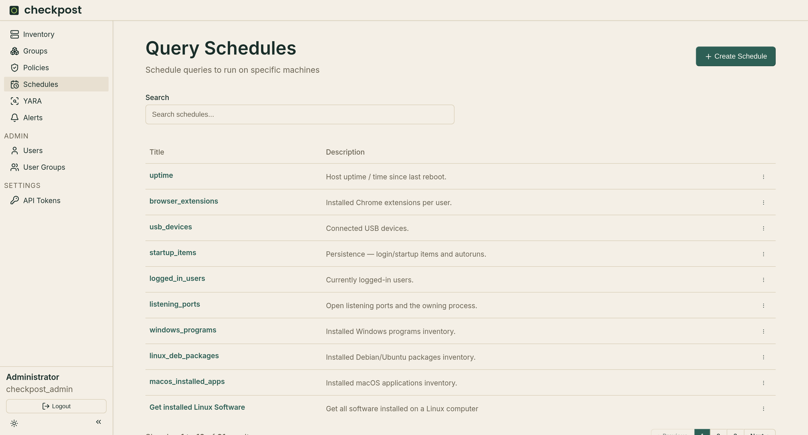 Checkpost scheduled query list with descriptions
